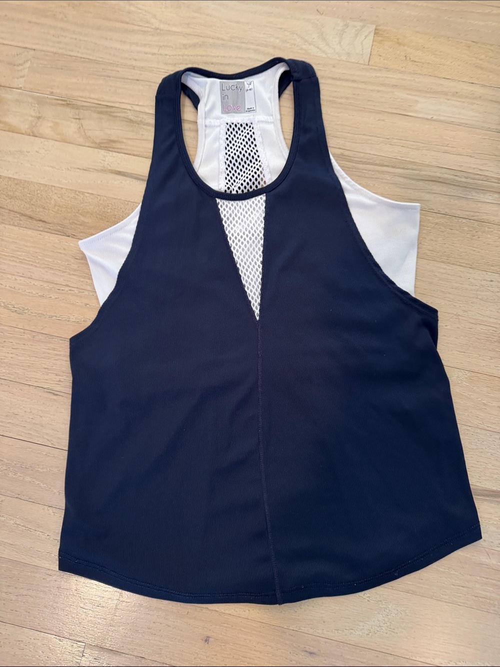 Lucky in Love Navy and White Mesh Racerback Tank